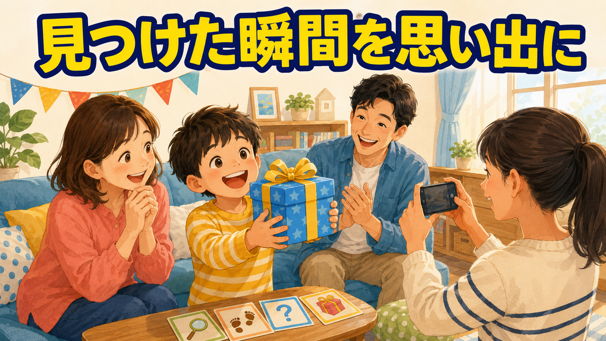 誕生日の宝探しでプレゼントを見つけて家族と写真を残す子ども