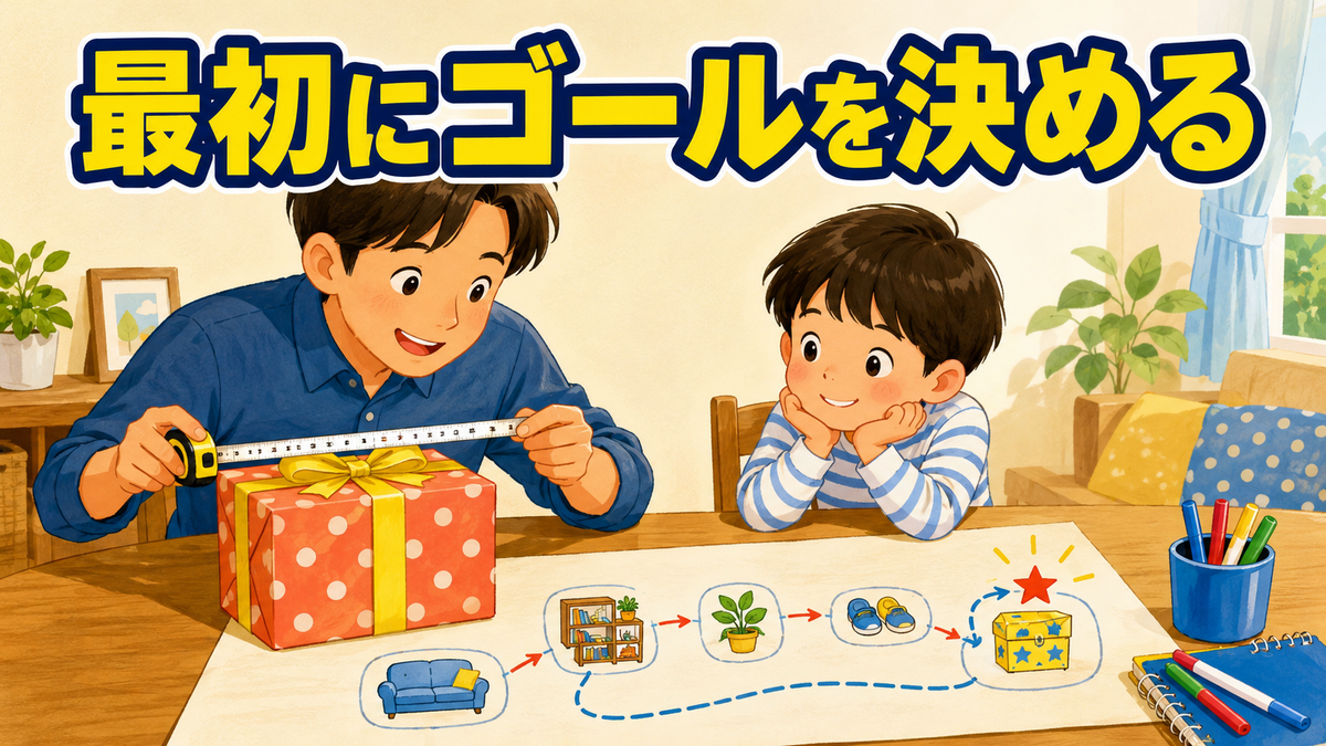 誕生日プレゼントの大きさを確認して宝探しのゴールを決める準備