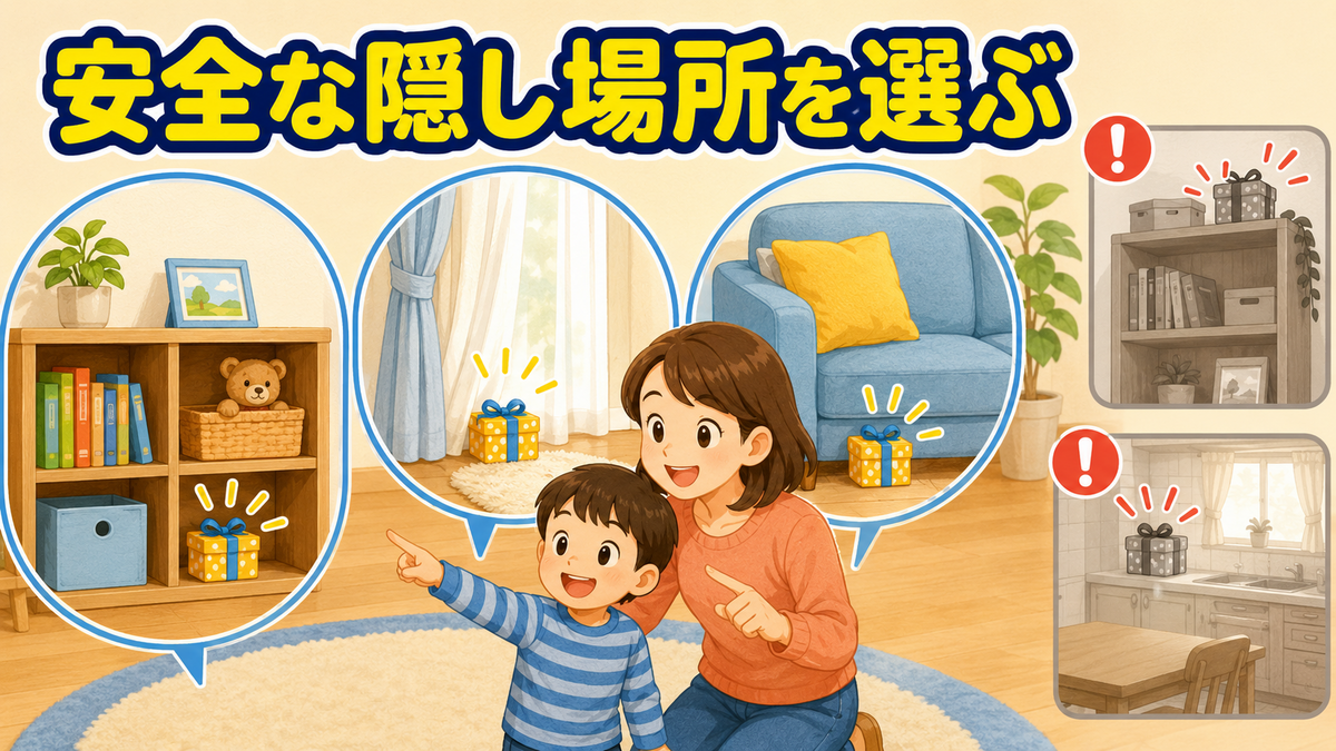 低い棚やソファの横など誕生日の宝探しに使える安全な隠し場所