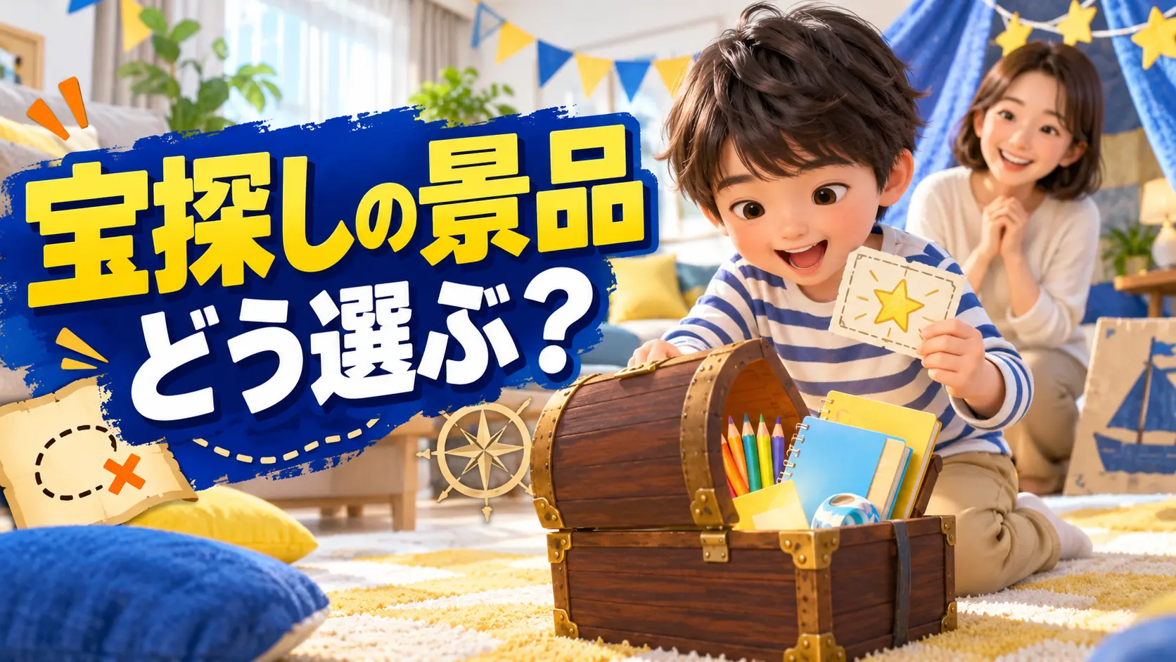 宝箱を見つけて喜ぶ子どもと宝探しの景品の選び方という見出し