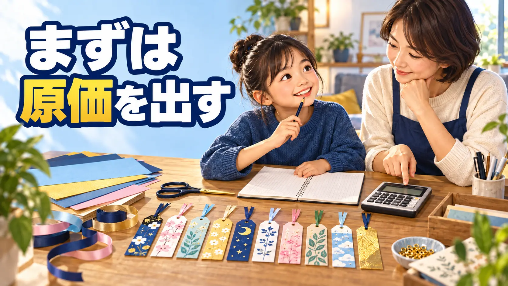 色紙やリボンの材料費から一つ分の原価を計算する親子