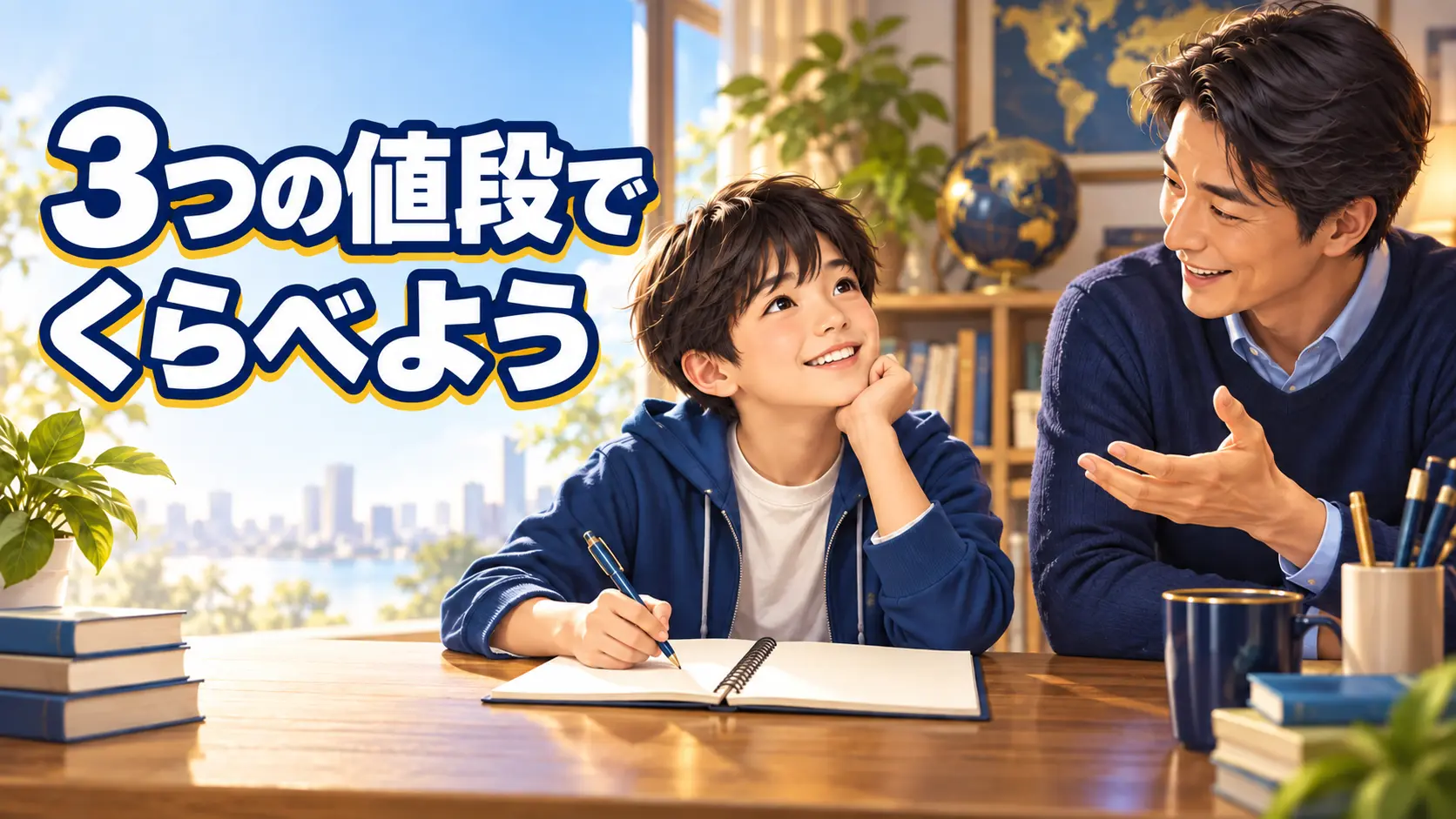 三つの値段候補を並べて残るお金を比べる子ども