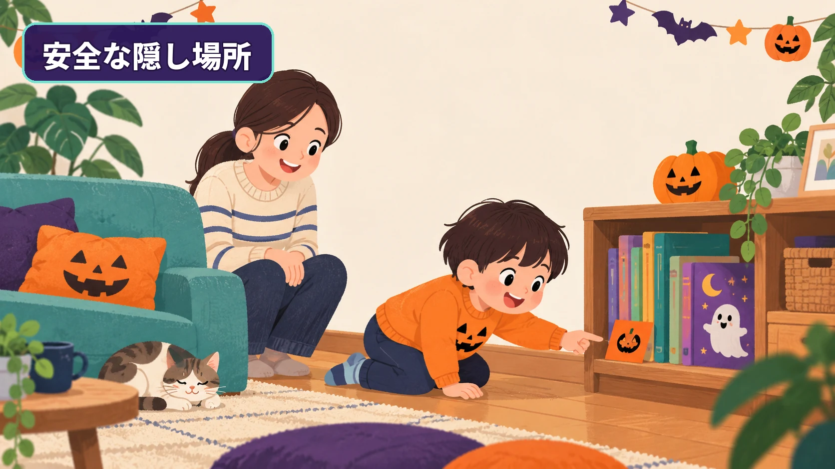 低い本棚の見える位置に置かれたハロウィン謎解きの手がかり