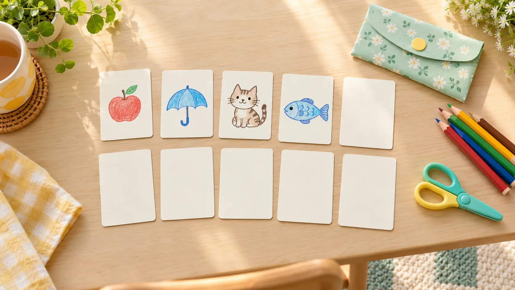 手作りひらがなカルタ用の10枚のカードと絵札を並べた机