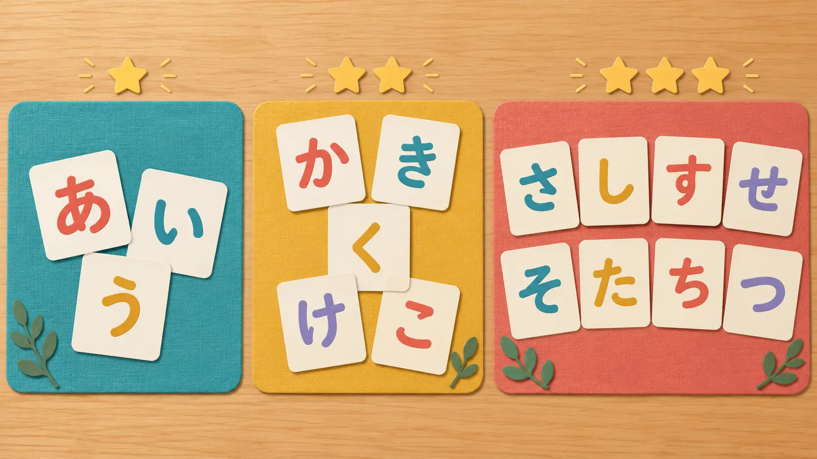 3枚、5枚、8枚と少しずつ増えるひらがなカードを三つの段階に分けた様子