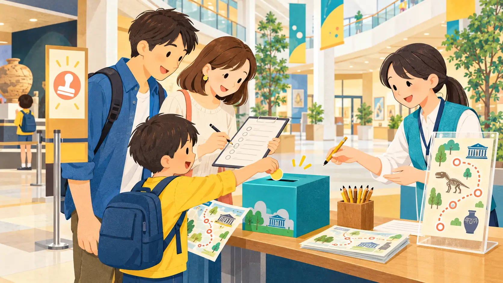 周遊型謎解きのゴールで短い匿名アンケートに答える親子
