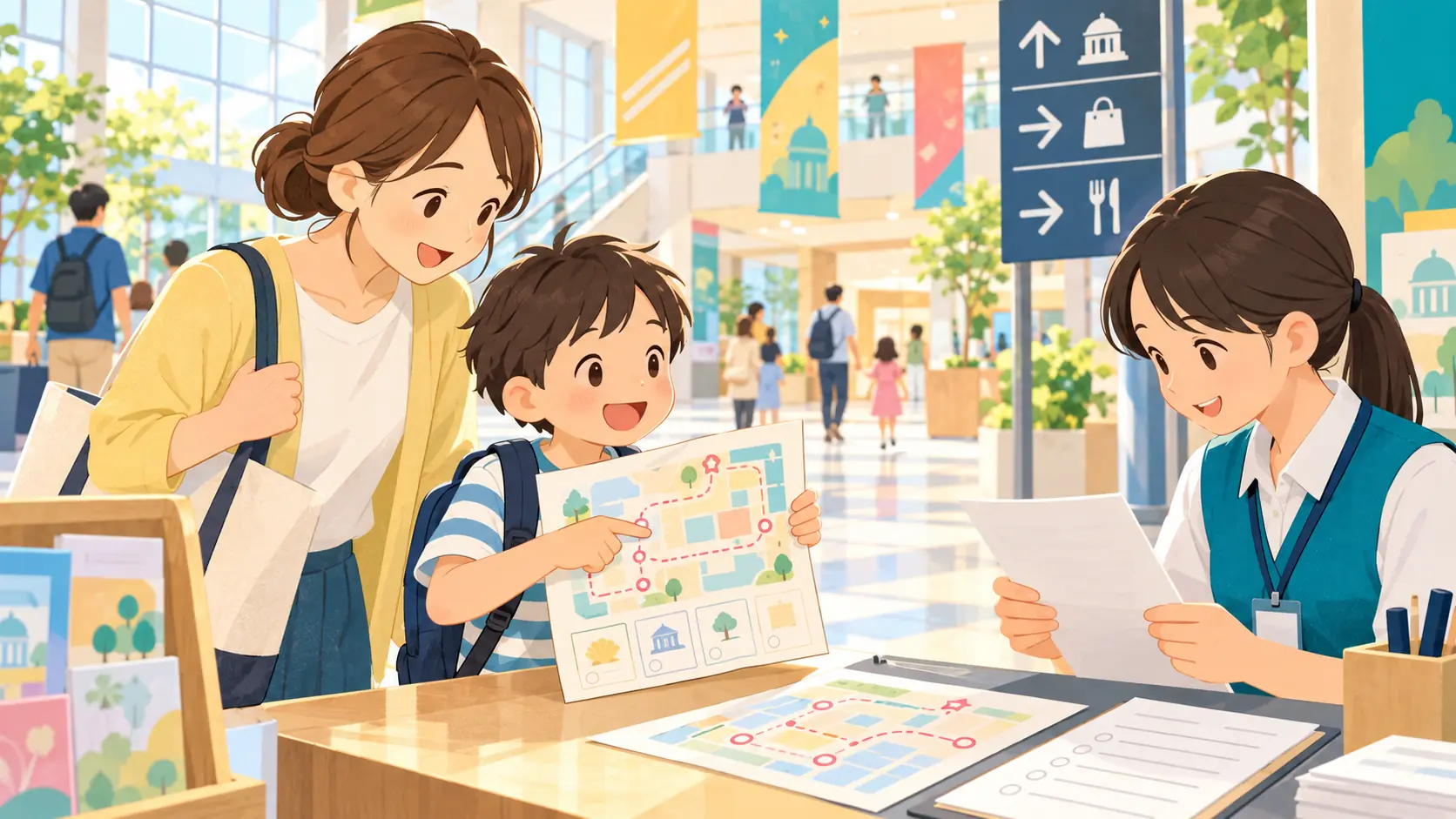 館内周遊型謎解きを終えた親子とアンケートを確認する施設スタッフ